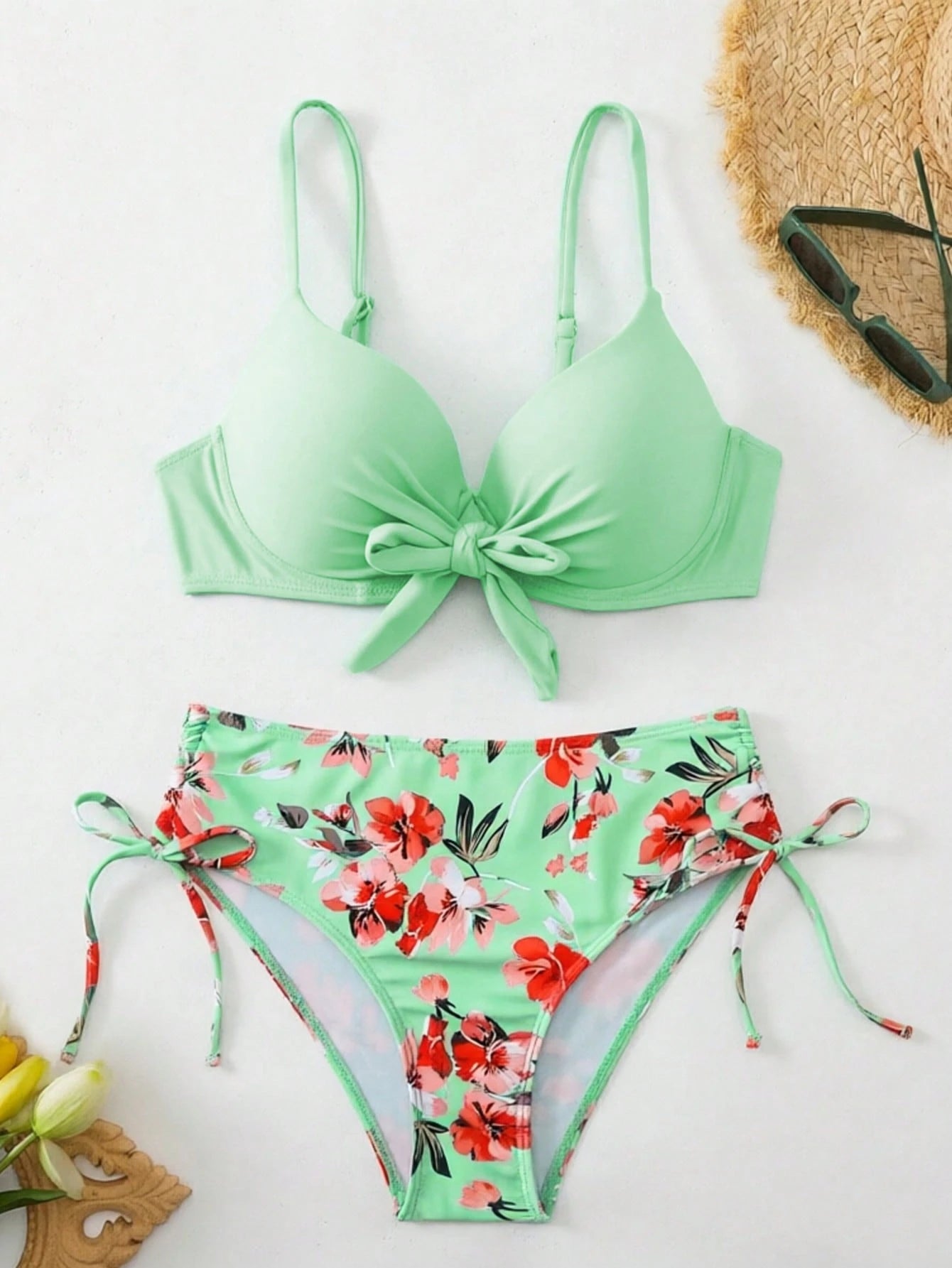 Swim Lushoire 2-Piece Set Mature Fashion Sexy Swimwear For Women, Teal Blue Peacock Green Tie-Front Solid Color Bikini Top And Botanical Print Shorts, Summer Beach Vacation Style