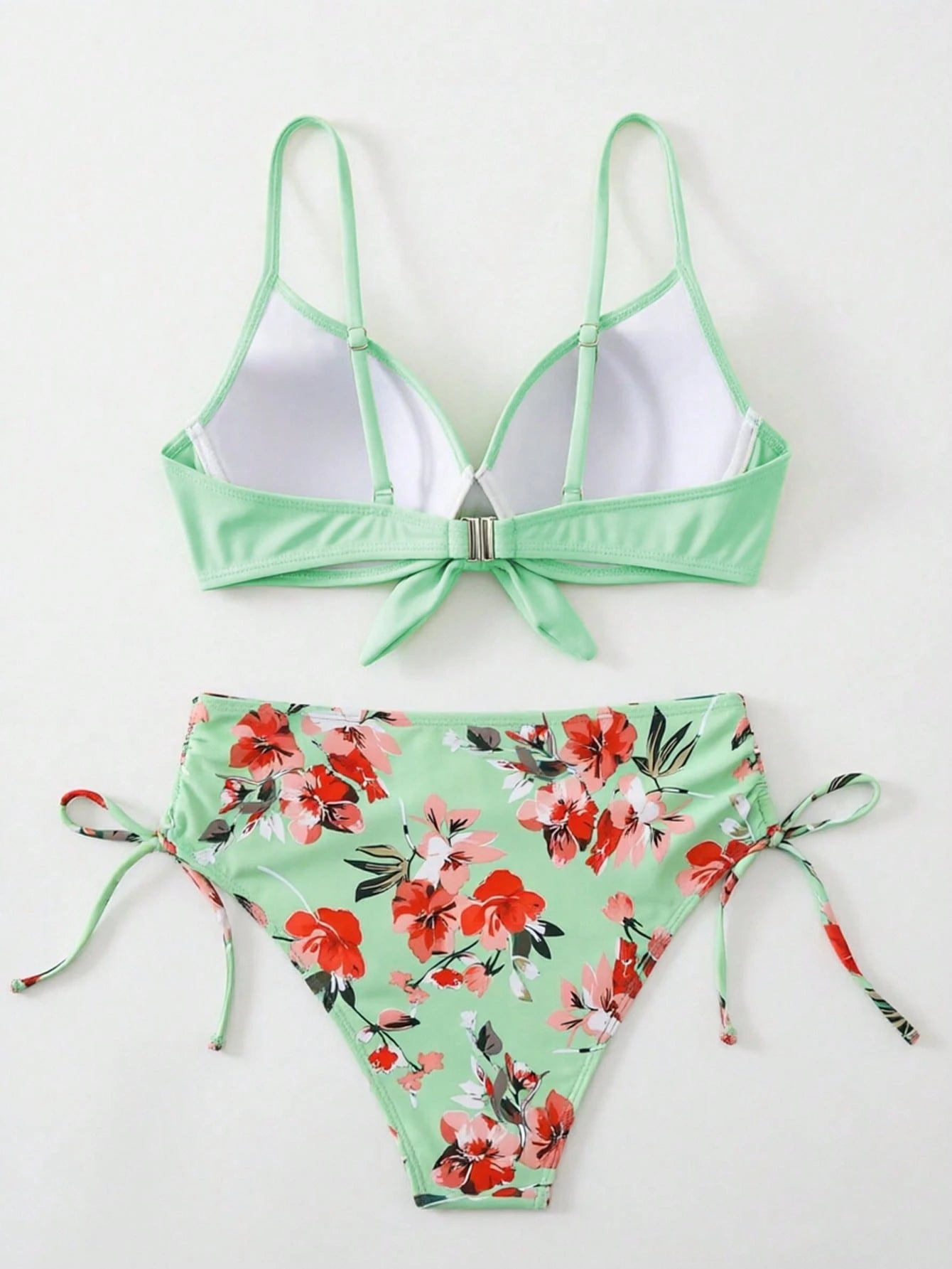 Swim Lushoire 2-Piece Set Mature Fashion Sexy Swimwear For Women, Teal Blue Peacock Green Tie-Front Solid Color Bikini Top And Botanical Print Shorts, Summer Beach Vacation Style