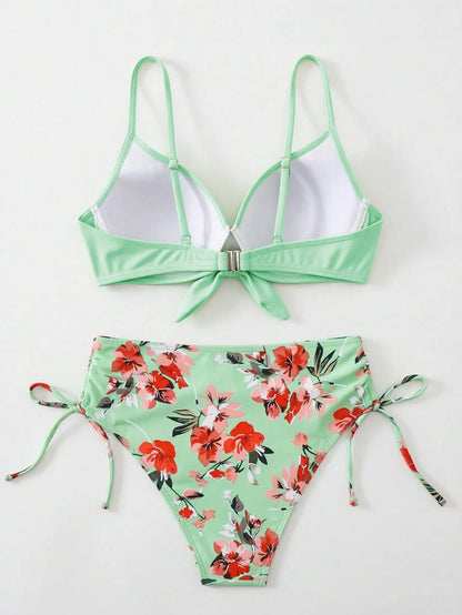 Swim Lushoire 2-Piece Set Mature Fashion Sexy Swimwear For Women, Teal Blue Peacock Green Tie-Front Solid Color Bikini Top And Botanical Print Shorts, Summer Beach Vacation Style