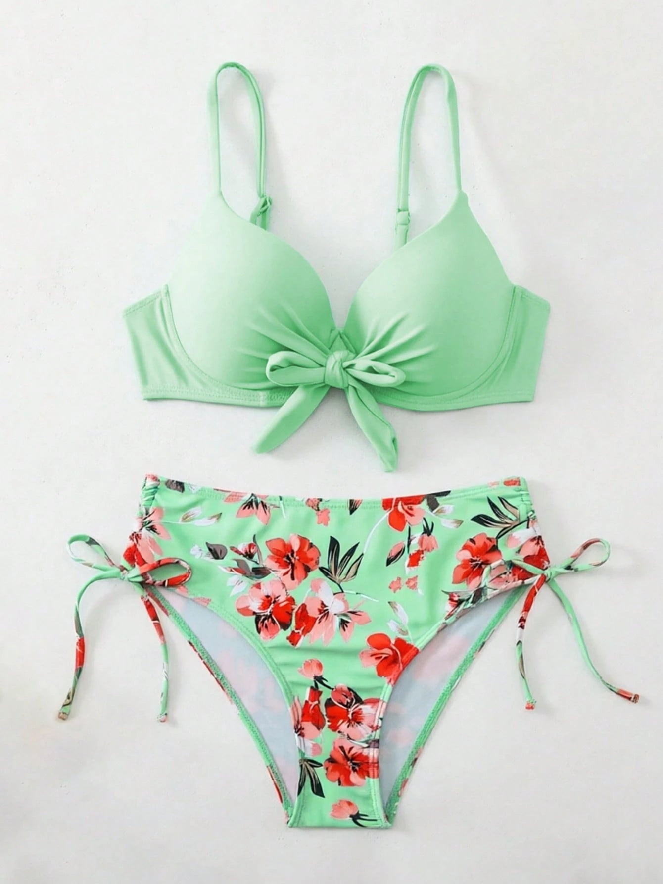 Swim Lushoire 2-Piece Set Mature Fashion Sexy Swimwear For Women, Teal Blue Peacock Green Tie-Front Solid Color Bikini Top And Botanical Print Shorts, Summer Beach Vacation Style