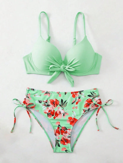 Swim Lushoire 2-Piece Set Mature Fashion Sexy Swimwear For Women, Teal Blue Peacock Green Tie-Front Solid Color Bikini Top And Botanical Print Shorts, Summer Beach Vacation Style