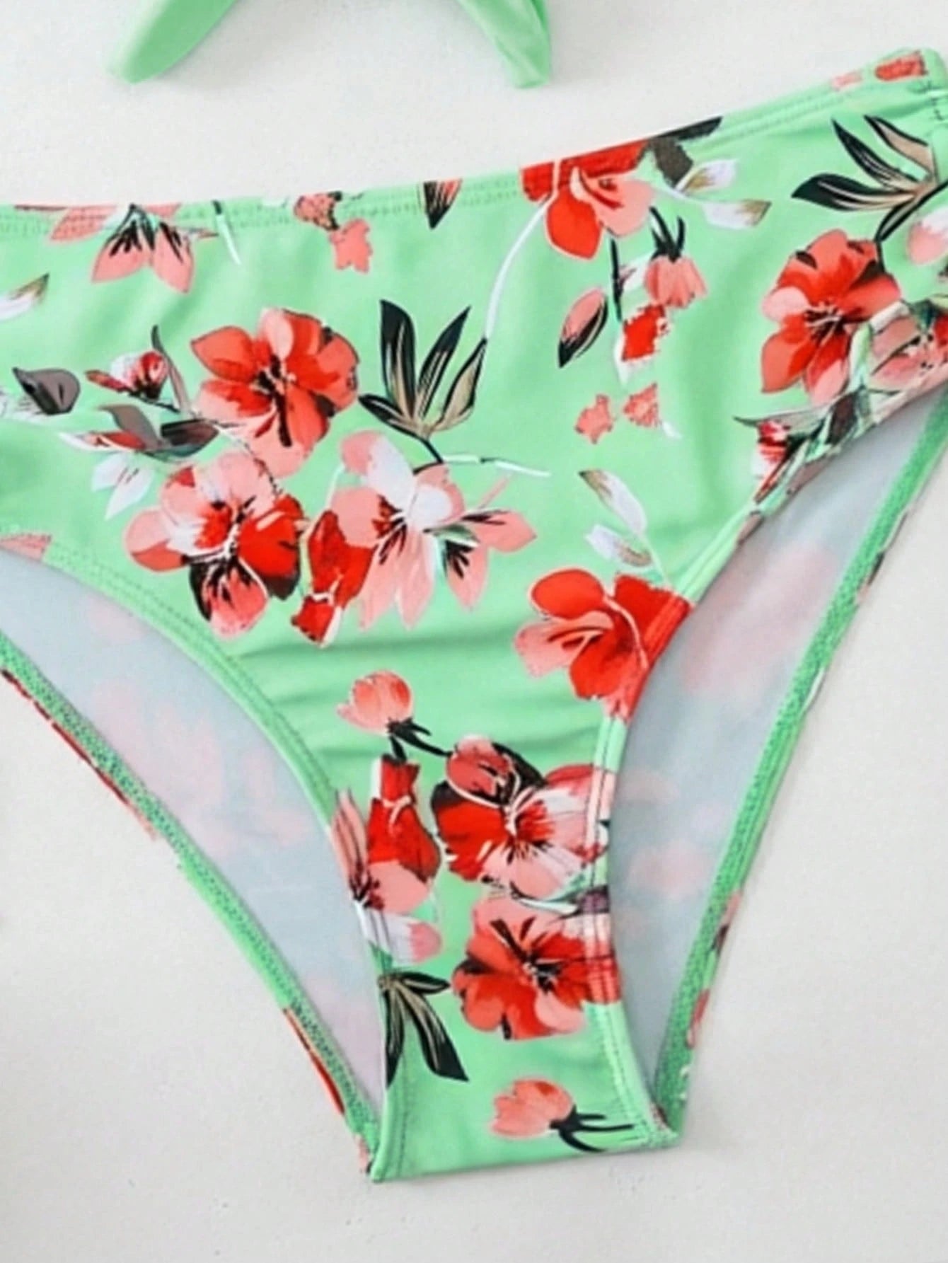 Swim Lushoire 2-Piece Set Mature Fashion Sexy Swimwear For Women, Teal Blue Peacock Green Tie-Front Solid Color Bikini Top And Botanical Print Shorts, Summer Beach Vacation Style