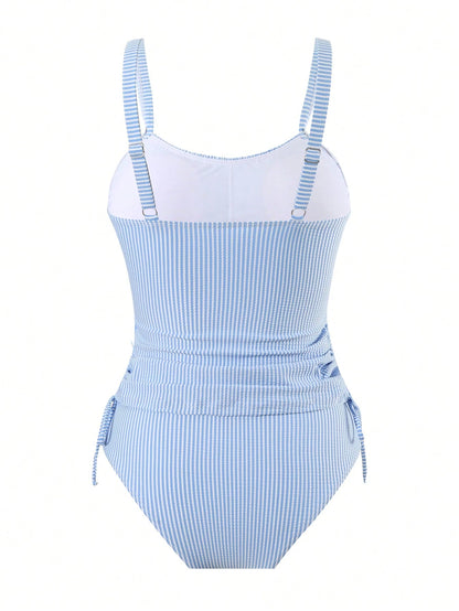 Swim Lushoire 2pcs Mature & Sexy Striped Fabric Tankini Top And High Waisted Briefs Bikini Set For Summer Beach Vacation