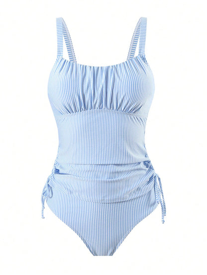 Swim Lushoire 2pcs Mature & Sexy Striped Fabric Tankini Top And High Waisted Briefs Bikini Set For Summer Beach Vacation