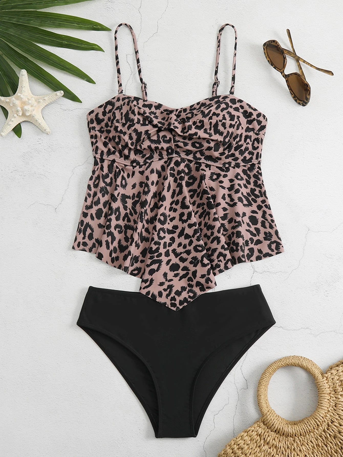 Swim Lushoire 2pcs/Set Women 2025 Leopard Print Casual Cami Tankini Set, Print Pattern Random Summer