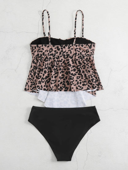 Swim Lushoire 2pcs/Set Women 2025 Leopard Print Casual Cami Tankini Set, Print Pattern Random Summer