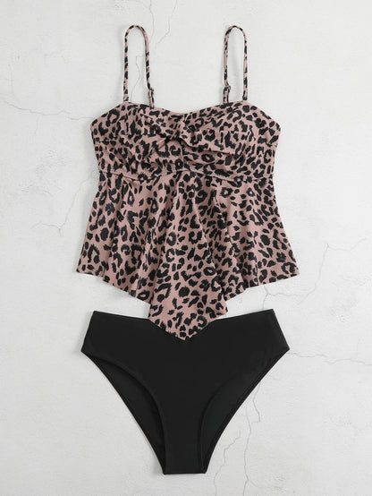 Swim Lushoire 2pcs/Set Women 2025 Leopard Print Casual Cami Tankini Set, Print Pattern Random Summer