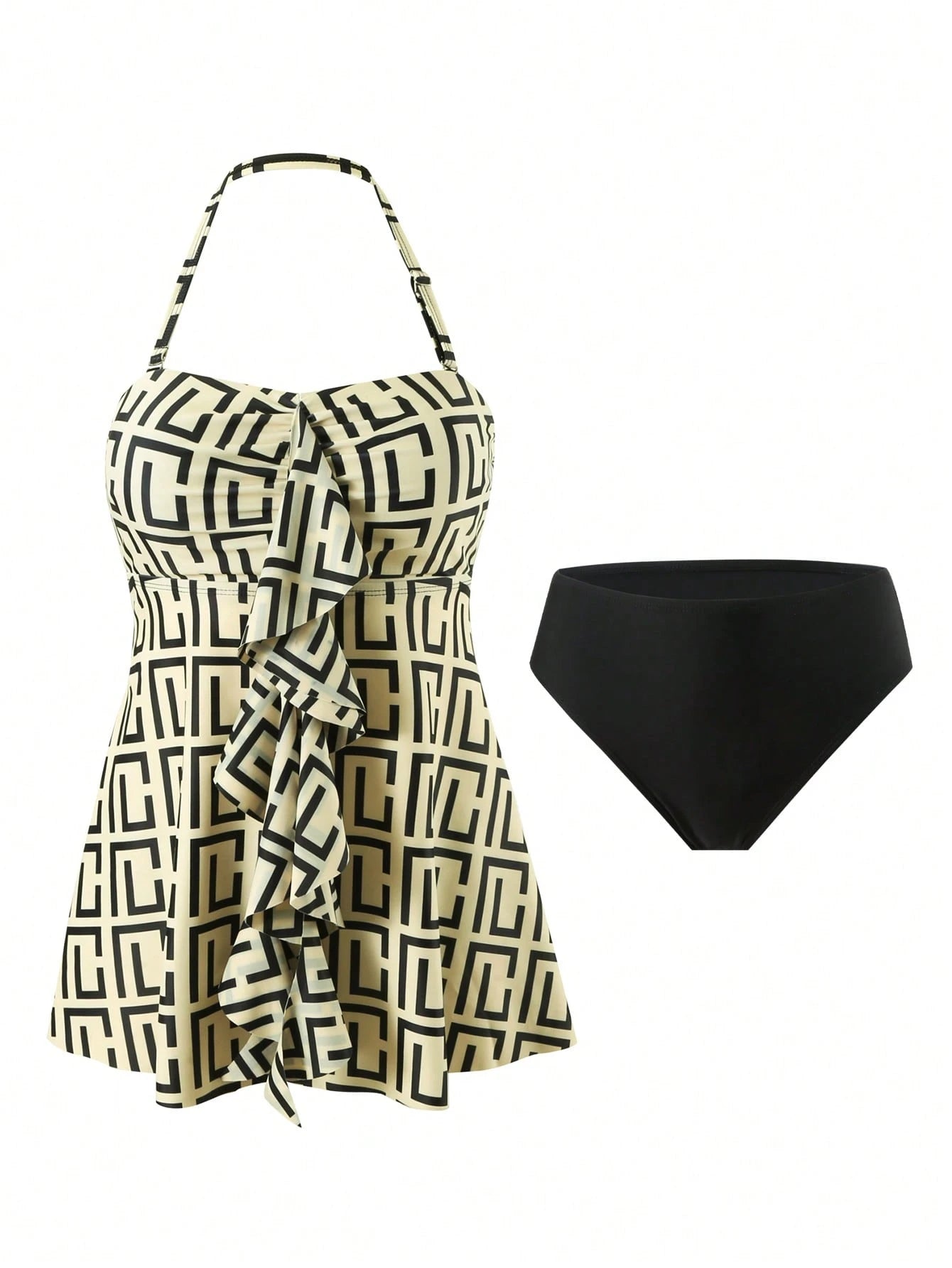 Swim Lushoire 2pcs Set Women Backless Ruched Hem Printed Tankini Swimsuits For Summer Beach Vacation