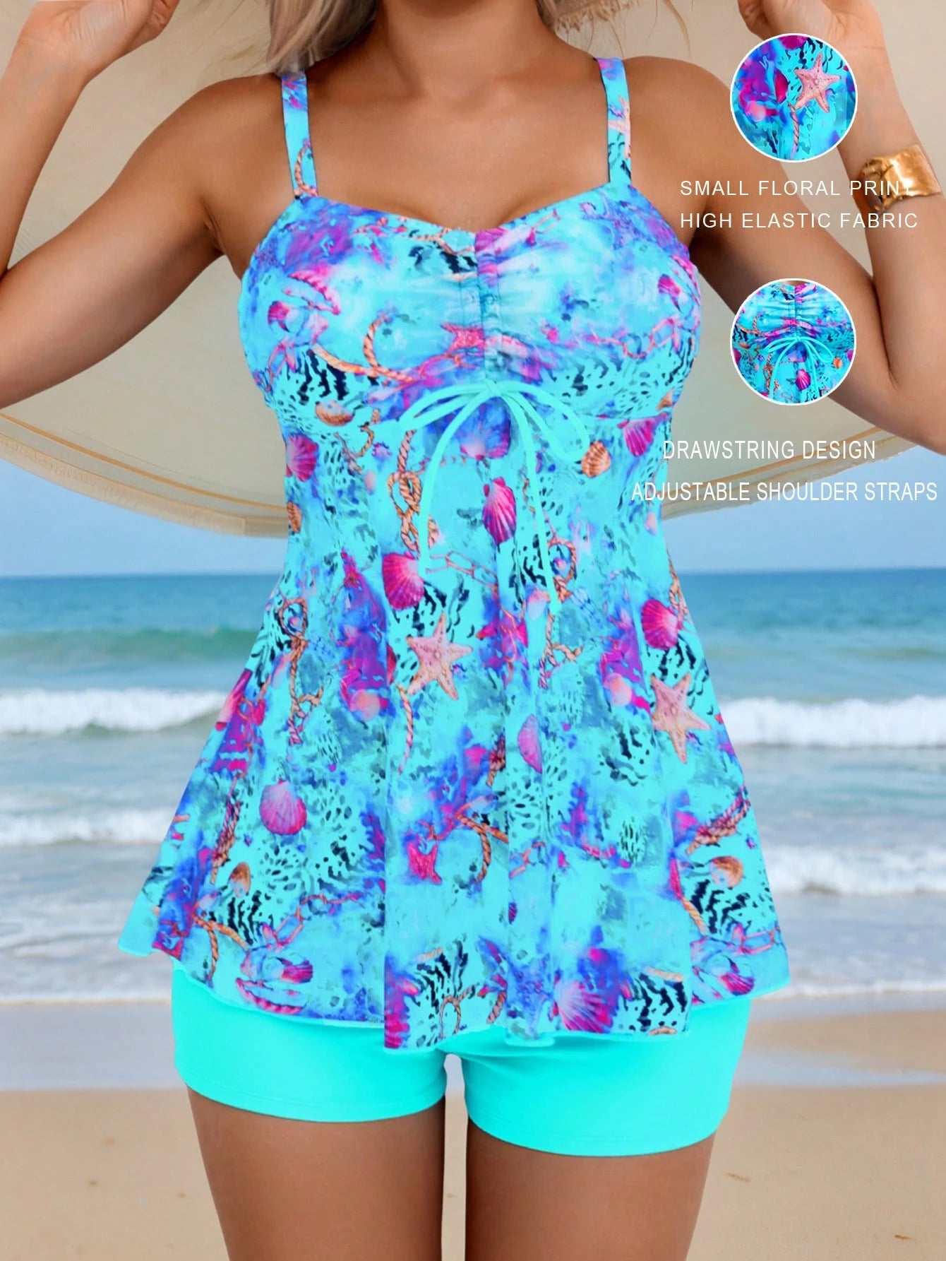 Swim Lushoire 2pcs/Set Women Solid & Printed Tank Top & Bikini Swimsuit, Beach Outfit For Summer Beach Vacation