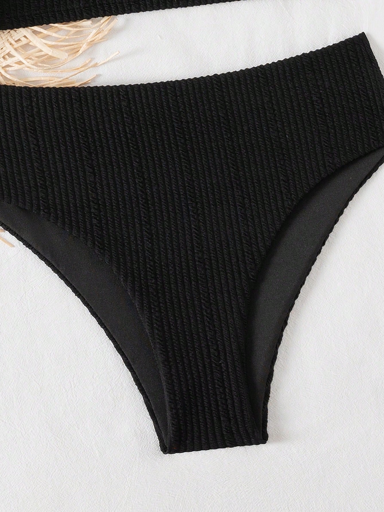 Swim Lushoire 2pcs Women Black Summer Boho Beach Vacation Holiday Holiday Bikini Set,Textured Spaghetti Strap Seashell Starfish Decor,High Waist Bikini Bottom