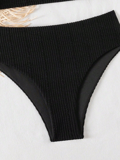 Swim Lushoire 2pcs Women Black Summer Boho Beach Vacation Holiday Holiday Bikini Set,Textured Spaghetti Strap Seashell Starfish Decor,High Waist Bikini Bottom
