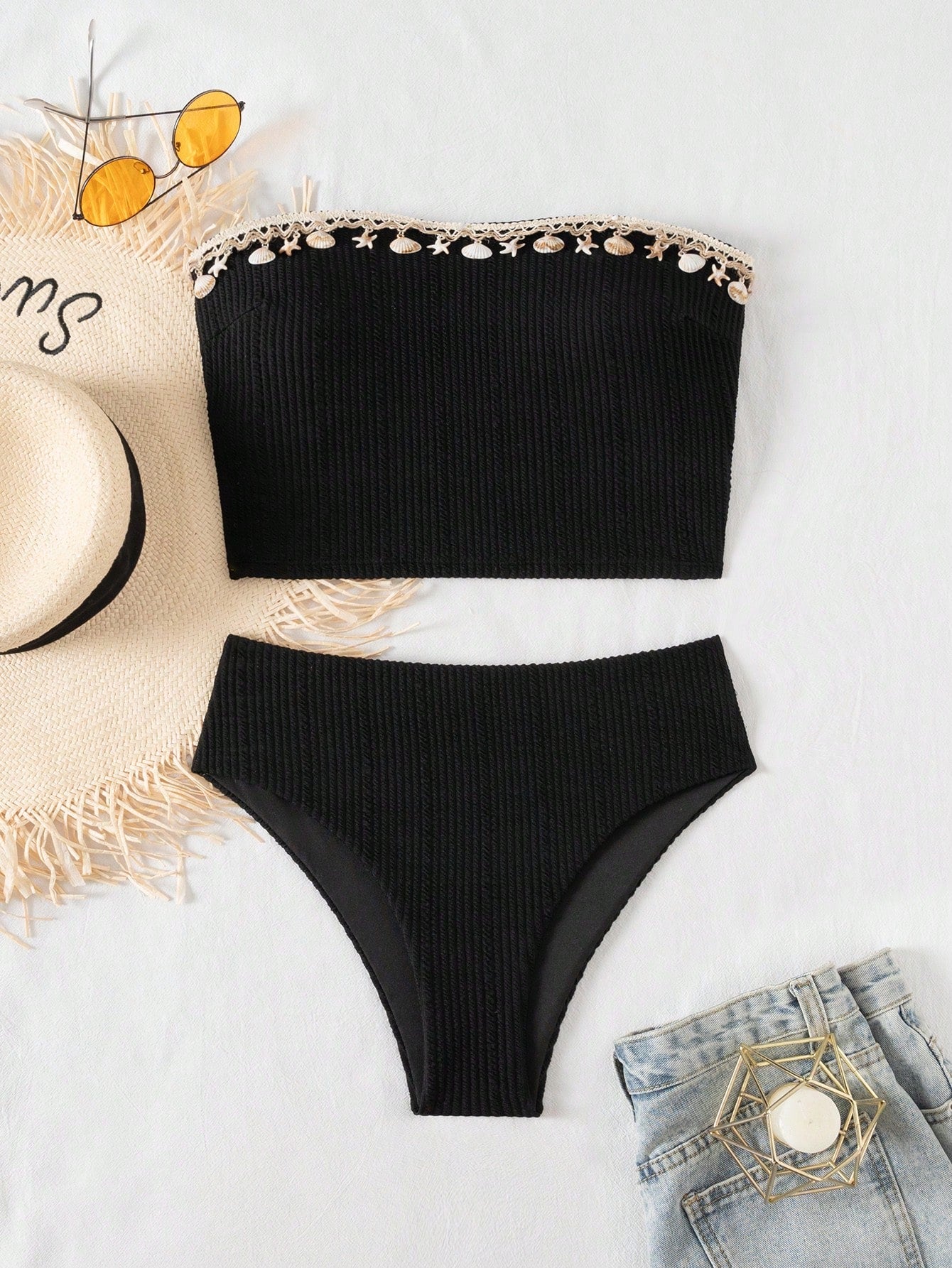 Swim Lushoire 2pcs Women Black Summer Boho Beach Vacation Holiday Holiday Bikini Set,Textured Spaghetti Strap Seashell Starfish Decor,High Waist Bikini Bottom