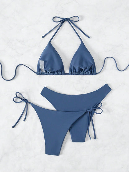 Swim Lushoire 3pcs Women's Solid Color Halter Halter Sexy Bikini Set For Summer Beach, Including Separated Bikini Set