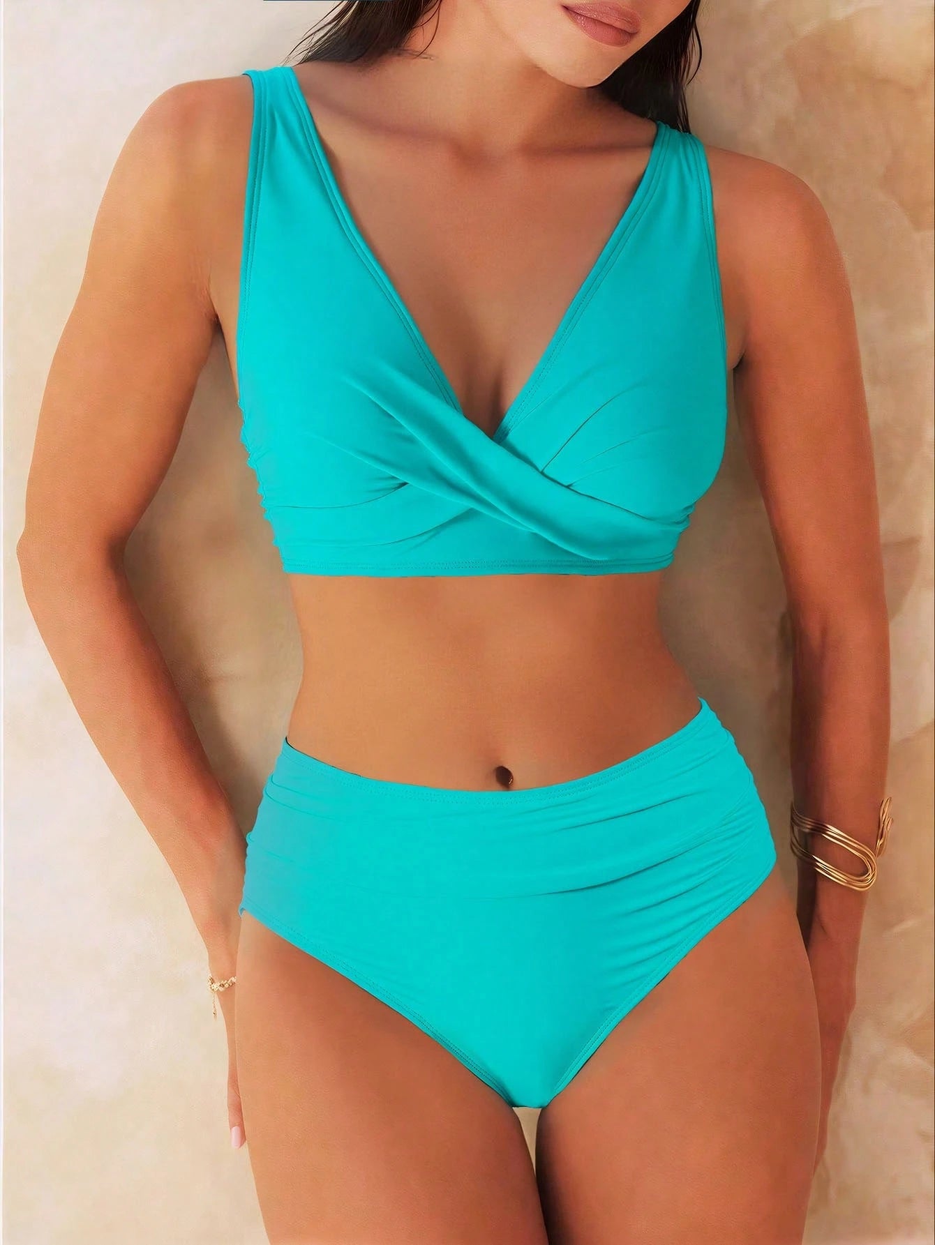 Swim Lushoire Beach Summer Outfits For Women, New V-Neck Solid High-Waist Bikini Swimwear Two Pieces Set, Beach Resort Swimwear Tropical Capri Teal
