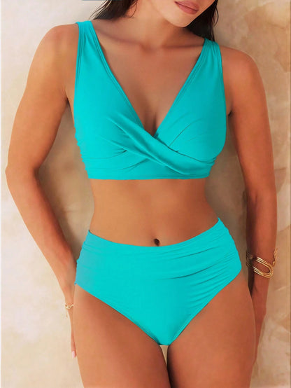 Swim Lushoire Beach Summer Outfits For Women, New V-Neck Solid High-Waist Bikini Swimwear Two Pieces Set, Beach Resort Swimwear Tropical Capri Teal