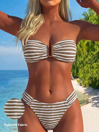 Swim Lushoire Brown Two Pieces Swimsuit Textured Removable Strap Bandeau Halter,Side Pleated U-Shaped Deep V-Neck,Summer Casual Holiday Pool Party Vacation Holiday