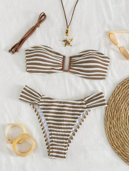 Swim Lushoire Brown Two Pieces Swimsuit Textured Removable Strap Bandeau Halter,Side Pleated U-Shaped Deep V-Neck,Summer Casual Holiday Pool Party Vacation Holiday