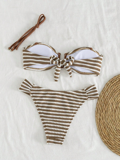 Swim Lushoire Brown Two Pieces Swimsuit Textured Removable Strap Bandeau Halter,Side Pleated U-Shaped Deep V-Neck,Summer Casual Holiday Pool Party Vacation Holiday