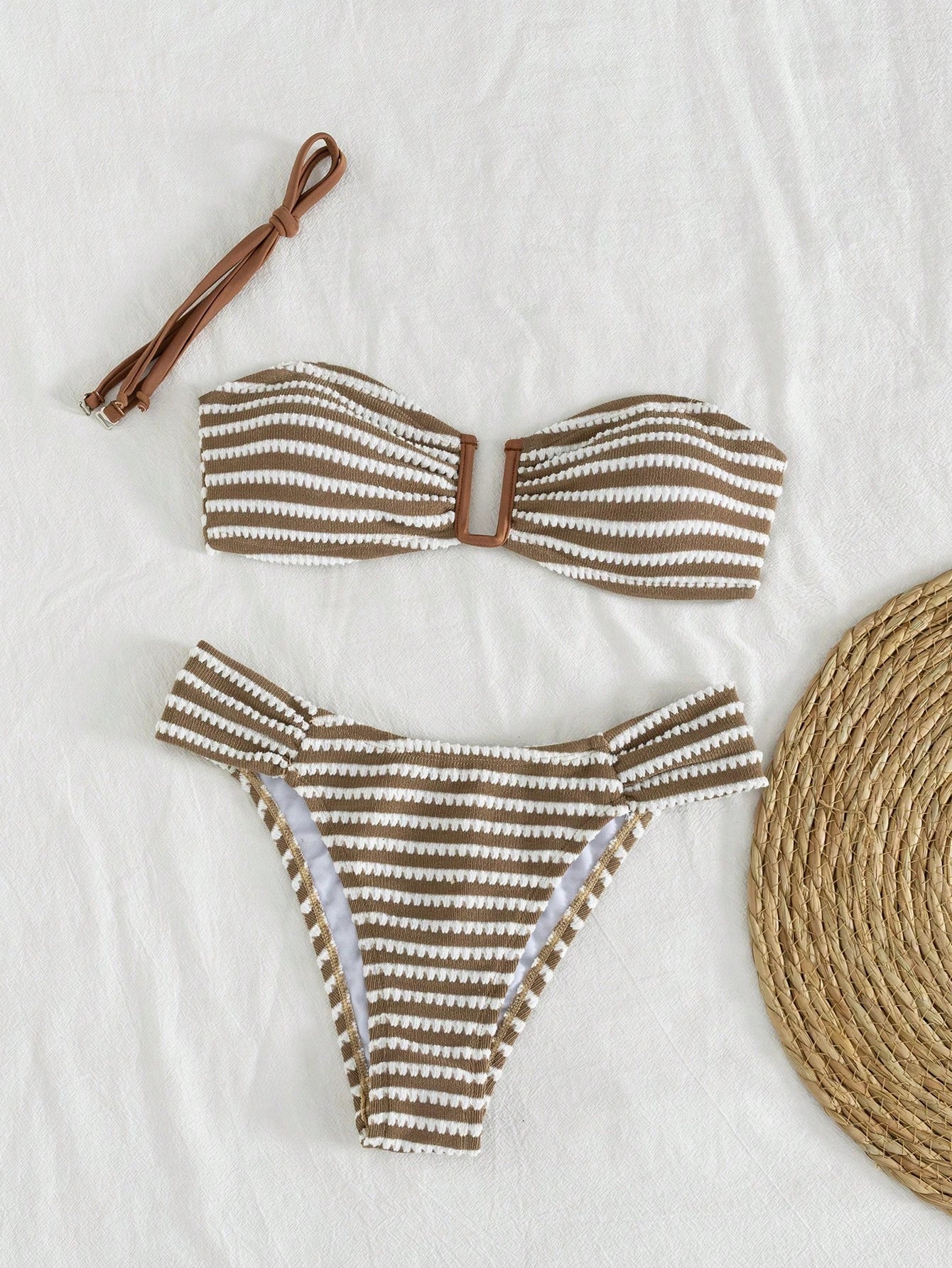 Swim Lushoire Brown Two Pieces Swimsuit Textured Removable Strap Bandeau Halter,Side Pleated U-Shaped Deep V-Neck,Summer Casual Holiday Pool Party Vacation Holiday