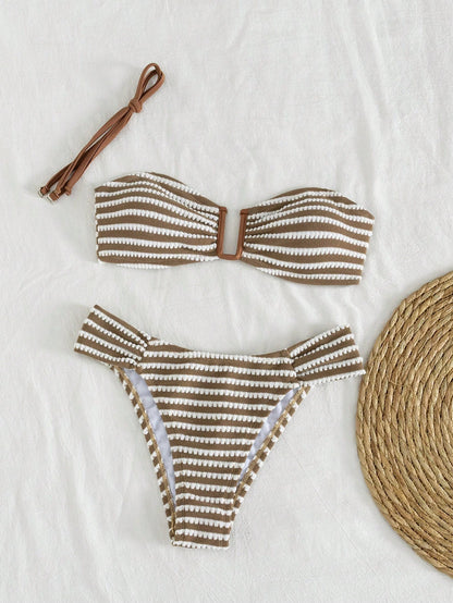 Swim Lushoire Brown Two Pieces Swimsuit Textured Removable Strap Bandeau Halter,Side Pleated U-Shaped Deep V-Neck,Summer Casual Holiday Pool Party Vacation Holiday