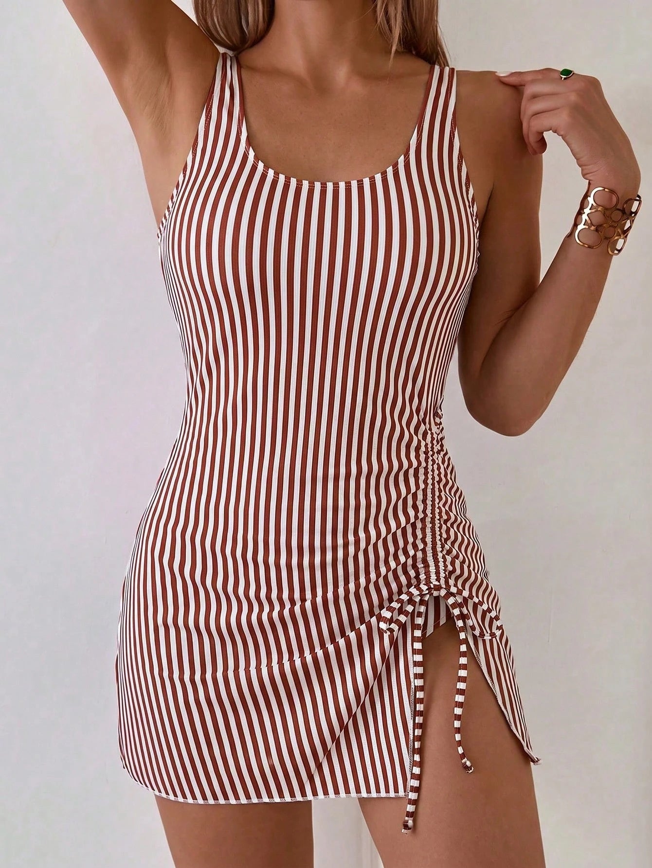 Swim Lushoire Elegant Minimalist Print Side Drawstring Swim Skirt And Solid Color High Waist Triangle Bikini Bottoms Beach Outfits For Women