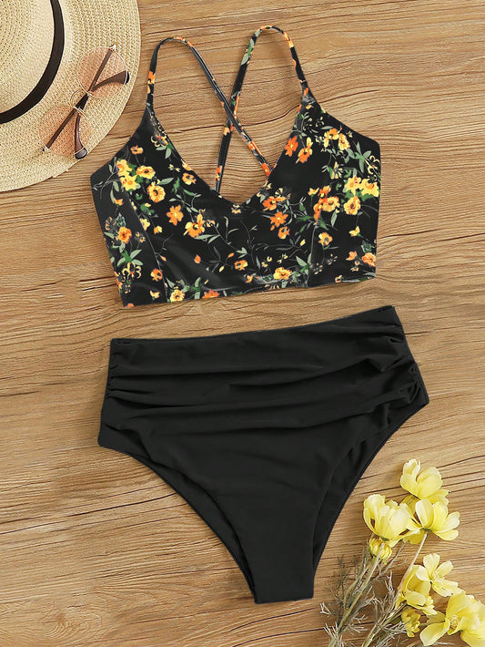 Swim Lushoire Holiday Beach/Pool Ditsy Floral Print Cami Top & Solid Color Ruched Triangle Bottom Two-Piece Bikini Set, Summer Beach