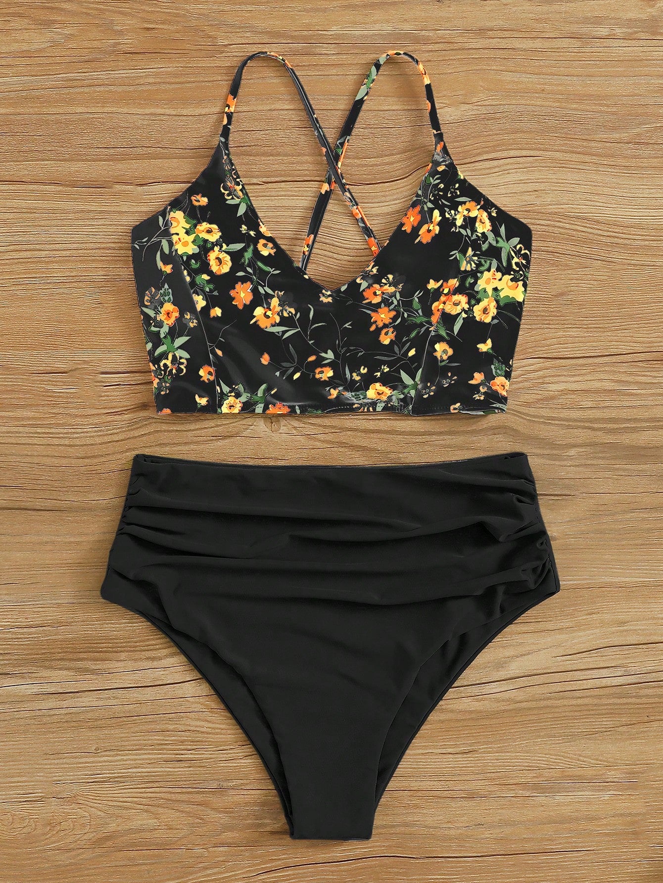 Swim Lushoire Holiday Beach/Pool Ditsy Floral Print Cami Top & Solid Color Ruched Triangle Bottom Two-Piece Bikini Set, Summer Beach