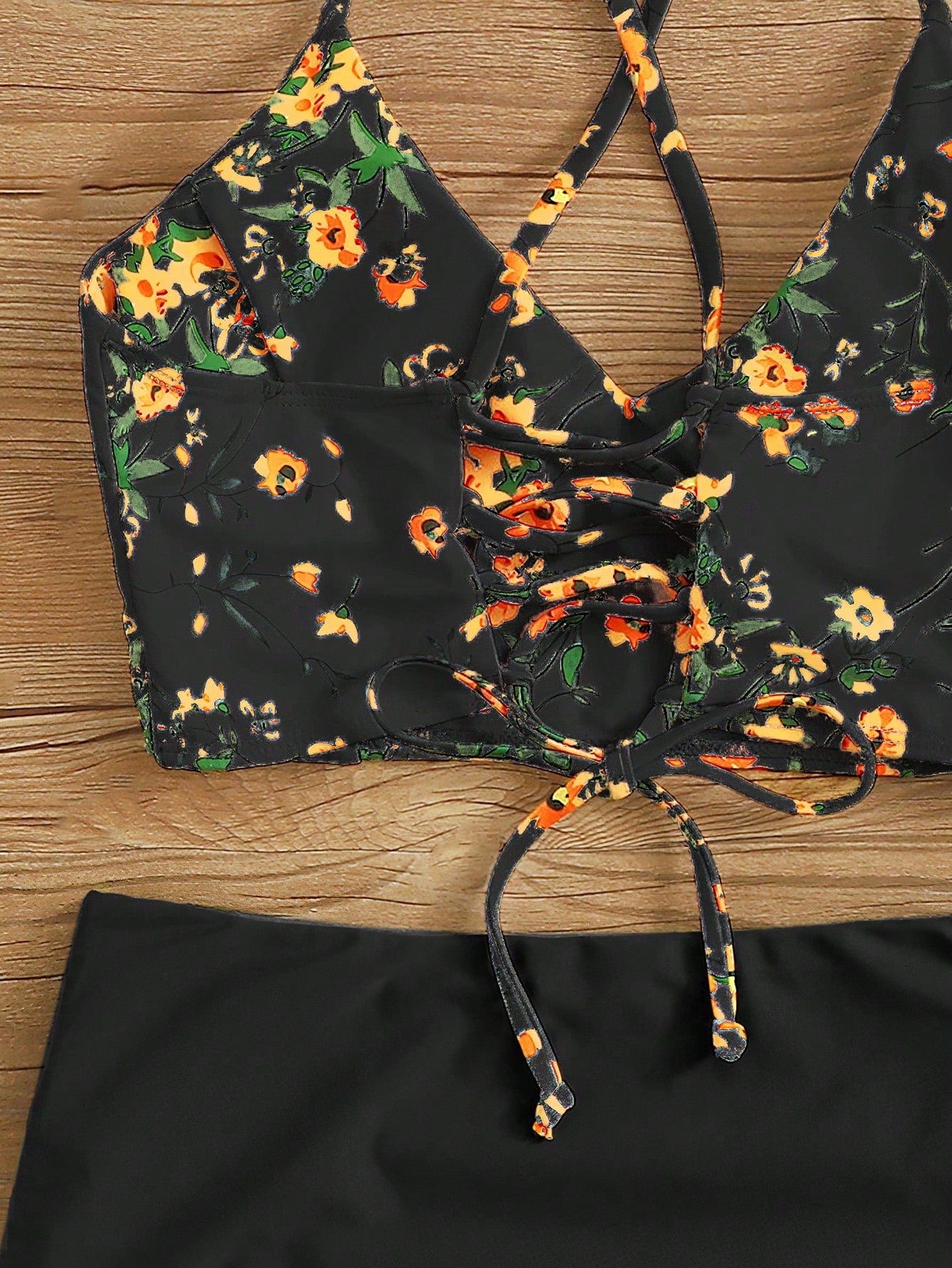 Swim Lushoire Holiday Beach/Pool Ditsy Floral Print Cami Top & Solid Color Ruched Triangle Bottom Two-Piece Bikini Set, Summer Beach