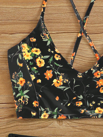 Swim Lushoire Holiday Beach/Pool Ditsy Floral Print Cami Top & Solid Color Ruched Triangle Bottom Two-Piece Bikini Set, Summer Beach