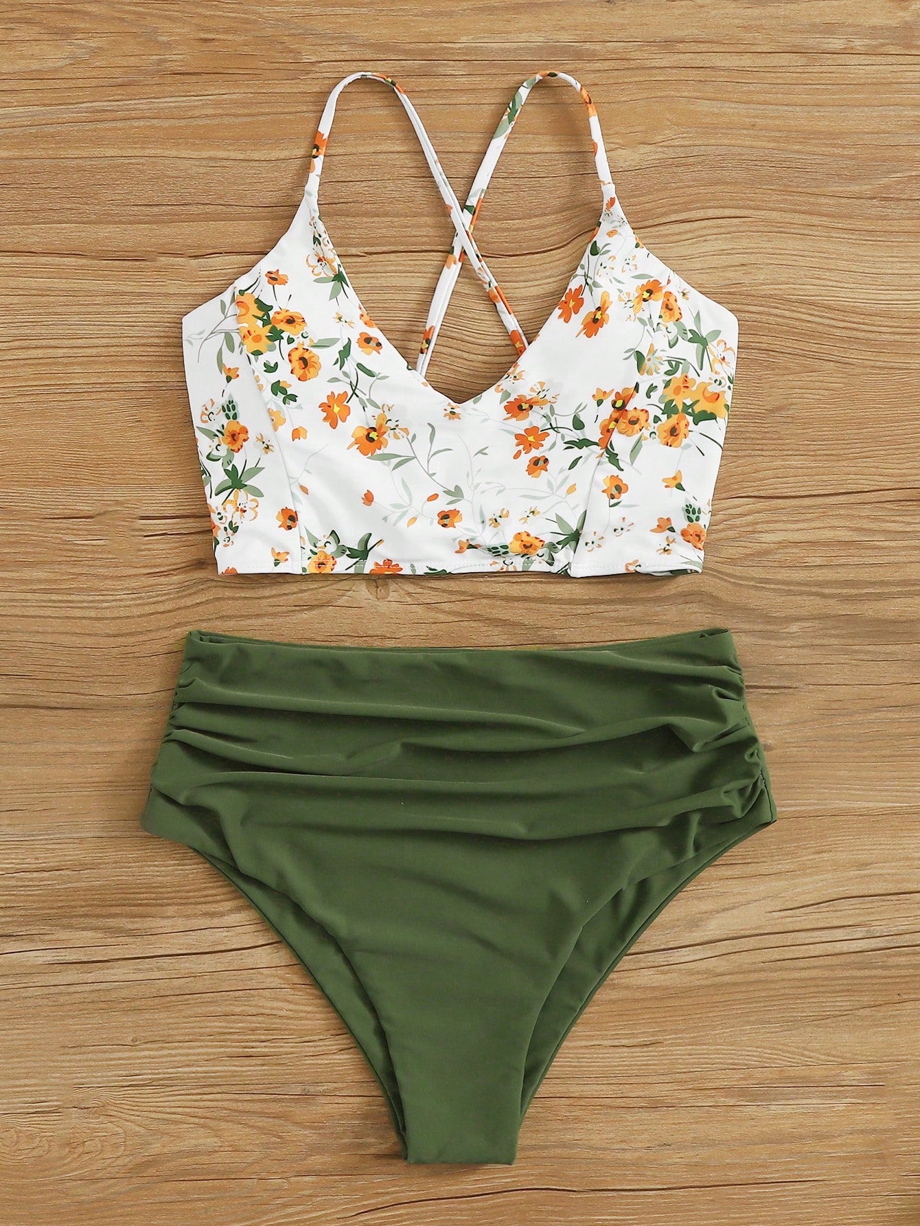 Swim Lushoire Holiday Beach/Pool Ditsy Floral Print Cami Top & Solid Color Ruched Triangle Bottom Two-Piece Bikini Set, Summer Beach
