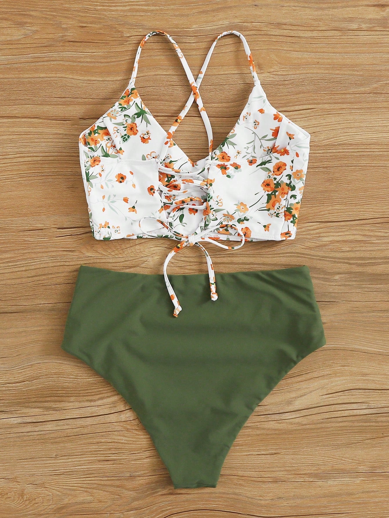 Swim Lushoire Holiday Beach/Pool Ditsy Floral Print Cami Top & Solid Color Ruched Triangle Bottom Two-Piece Bikini Set, Summer Beach