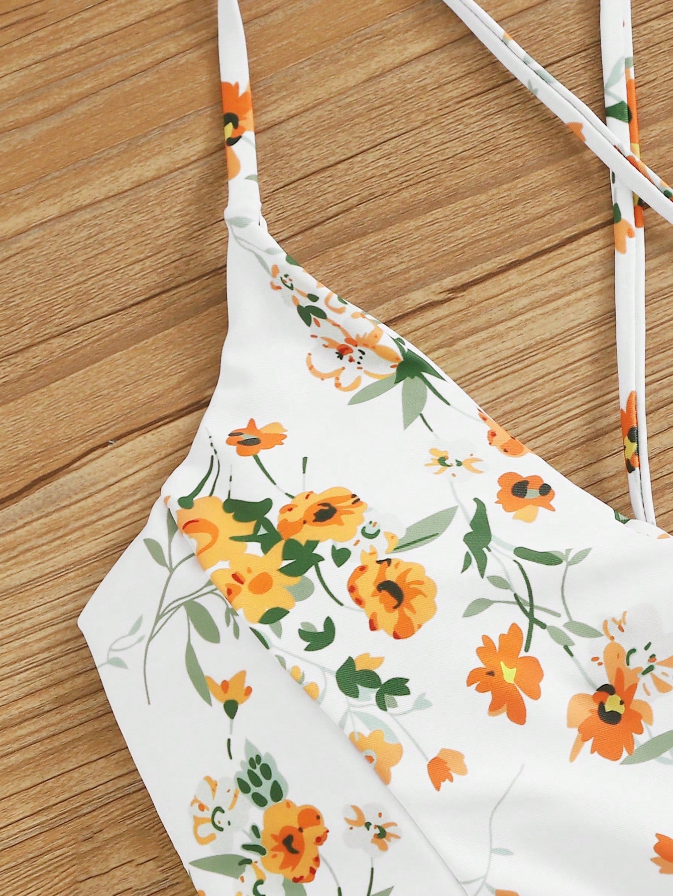 Swim Lushoire Holiday Beach/Pool Ditsy Floral Print Cami Top & Solid Color Ruched Triangle Bottom Two-Piece Bikini Set, Summer Beach