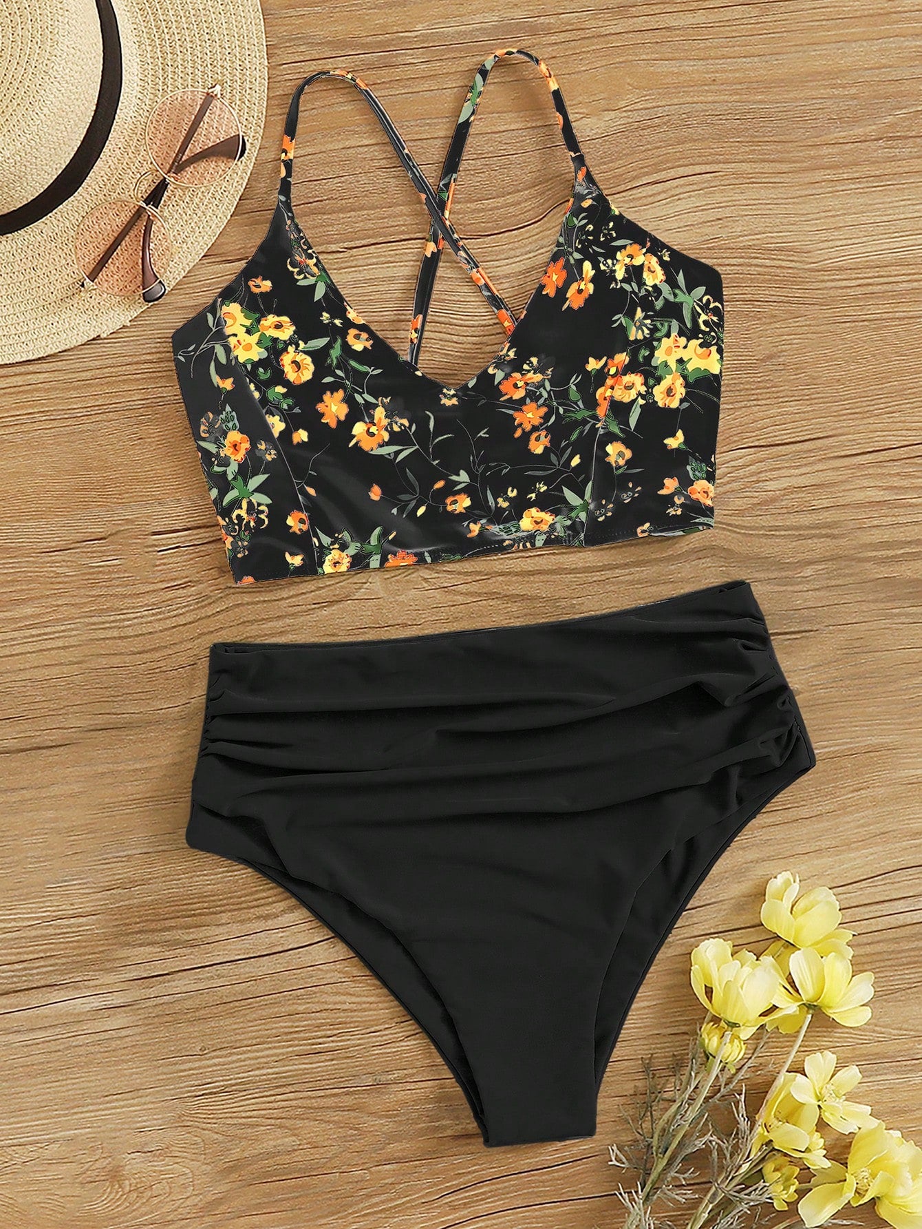 Swim Lushoire Holiday Beach/Pool Ditsy Floral Print Cami Top & Solid Color Ruched Triangle Bottom Two-Piece Bikini Set, Summer Beach