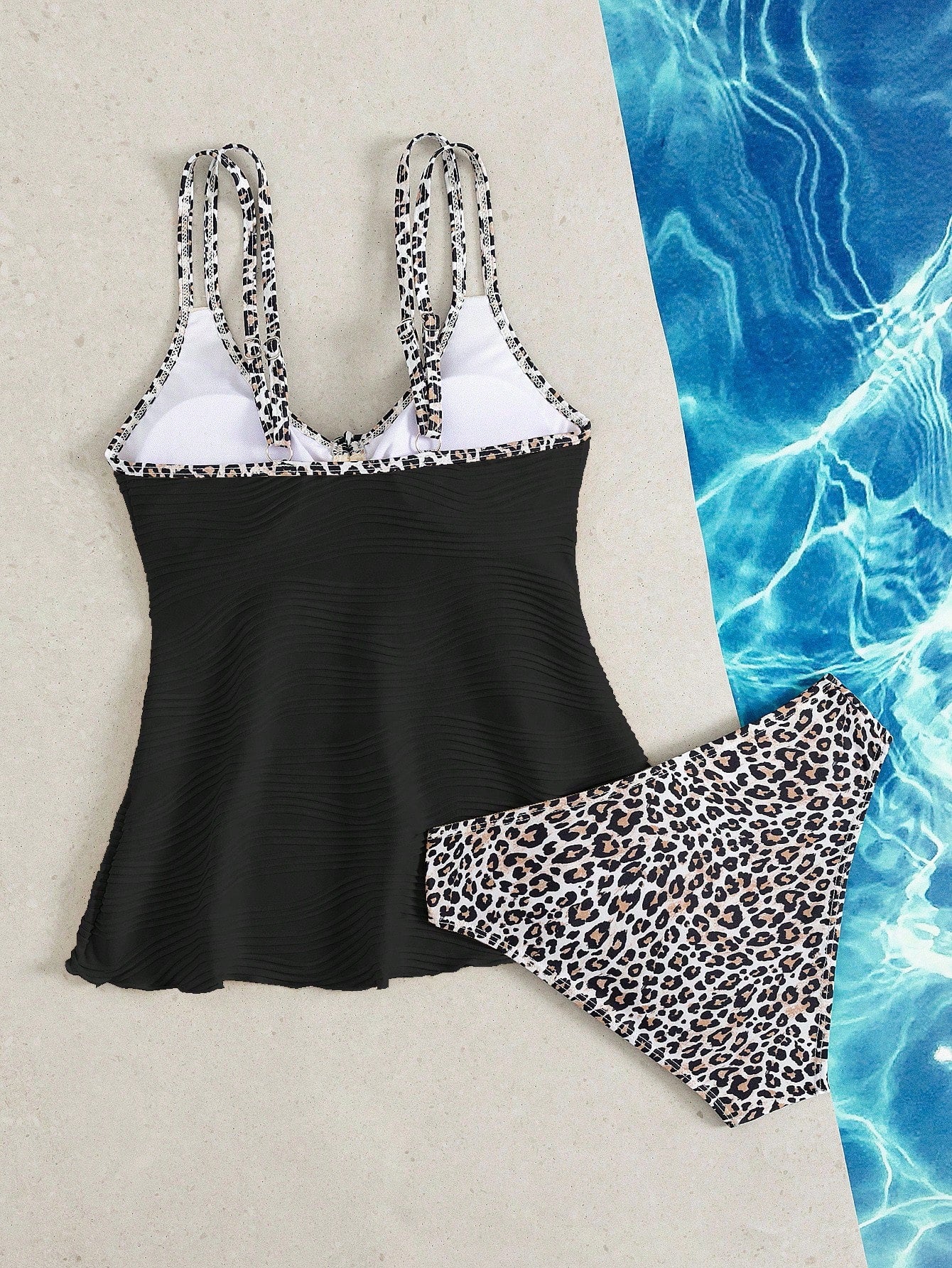 Swim Lushoire Ladies' Summer Beach Music Festival Beige Special Fabric Leopard Print Flowing Hem Slimming Knot Shoulder Strap Elegant Vacation Style Tankini Set