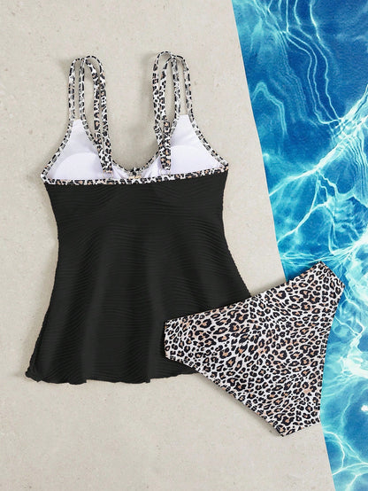 Swim Lushoire Ladies' Summer Beach Music Festival Beige Special Fabric Leopard Print Flowing Hem Slimming Knot Shoulder Strap Elegant Vacation Style Tankini Set