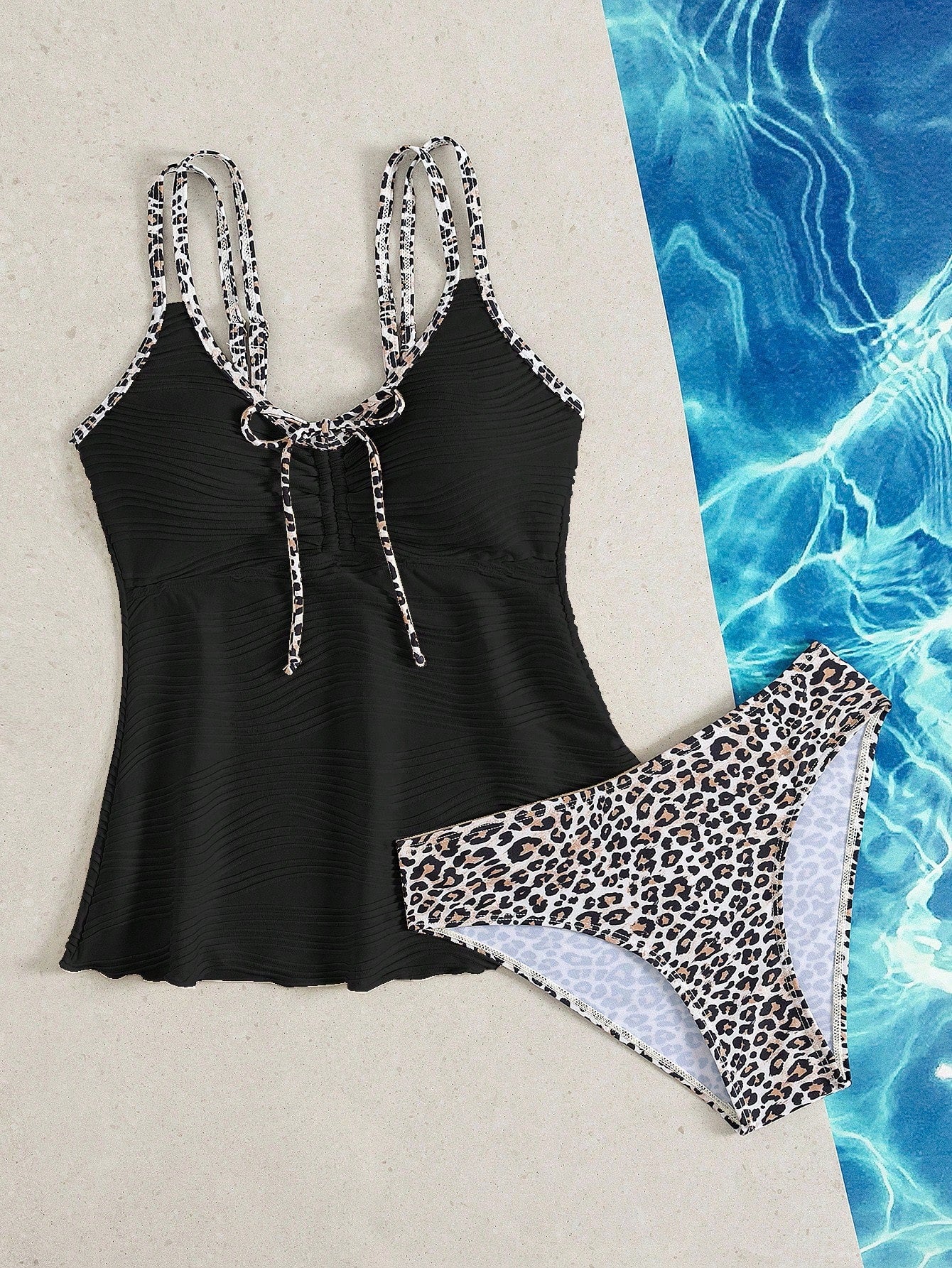 Swim Lushoire Ladies' Summer Beach Music Festival Beige Special Fabric Leopard Print Flowing Hem Slimming Knot Shoulder Strap Elegant Vacation Style Tankini Set