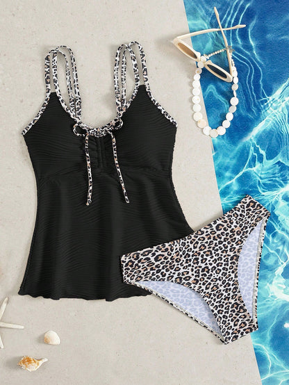 Swim Lushoire Ladies' Summer Beach Music Festival Beige Special Fabric Leopard Print Flowing Hem Slimming Knot Shoulder Strap Elegant Vacation Style Tankini Set