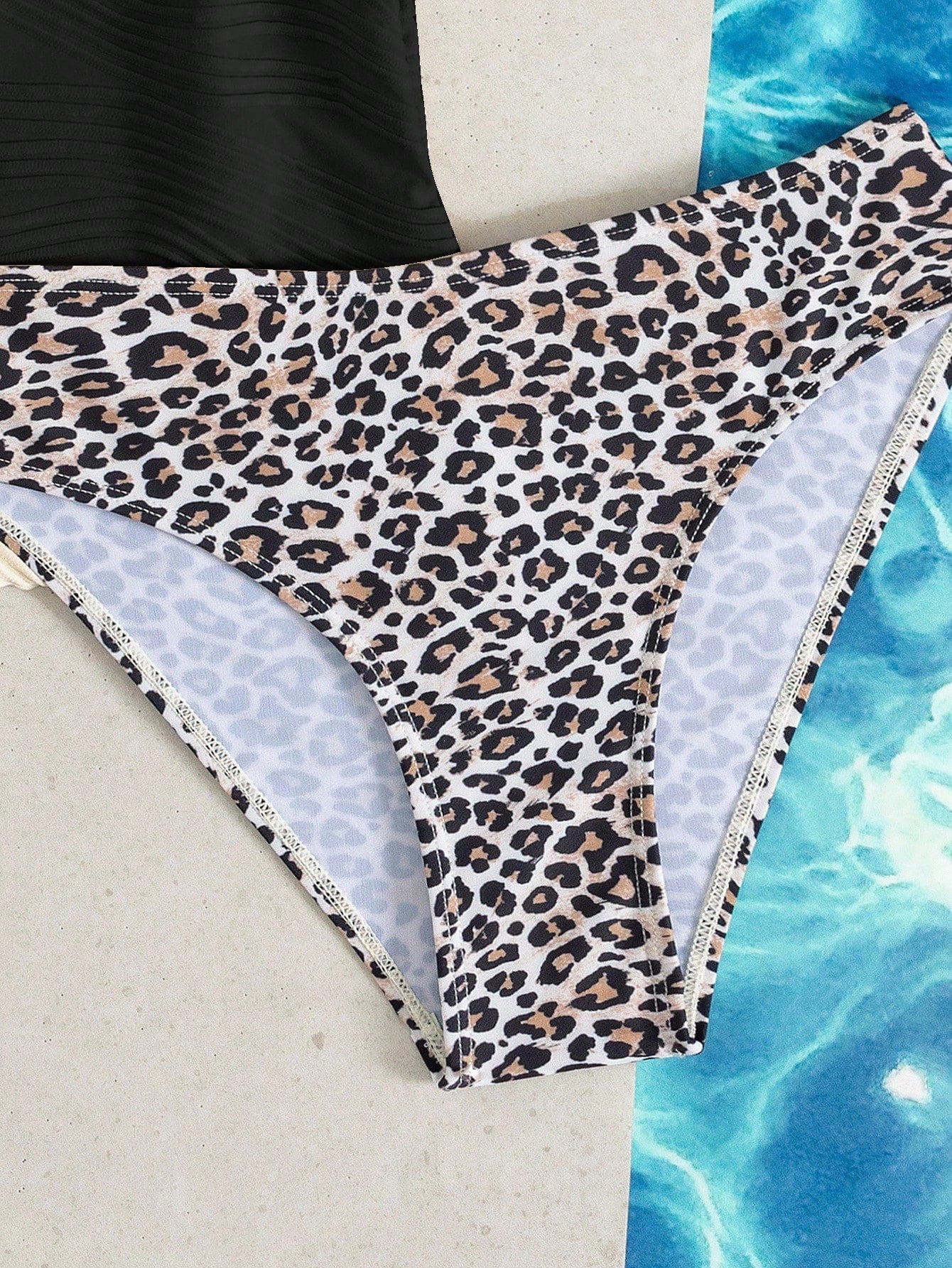 Swim Lushoire Ladies' Summer Beach Music Festival Beige Special Fabric Leopard Print Flowing Hem Slimming Knot Shoulder Strap Elegant Vacation Style Tankini Set