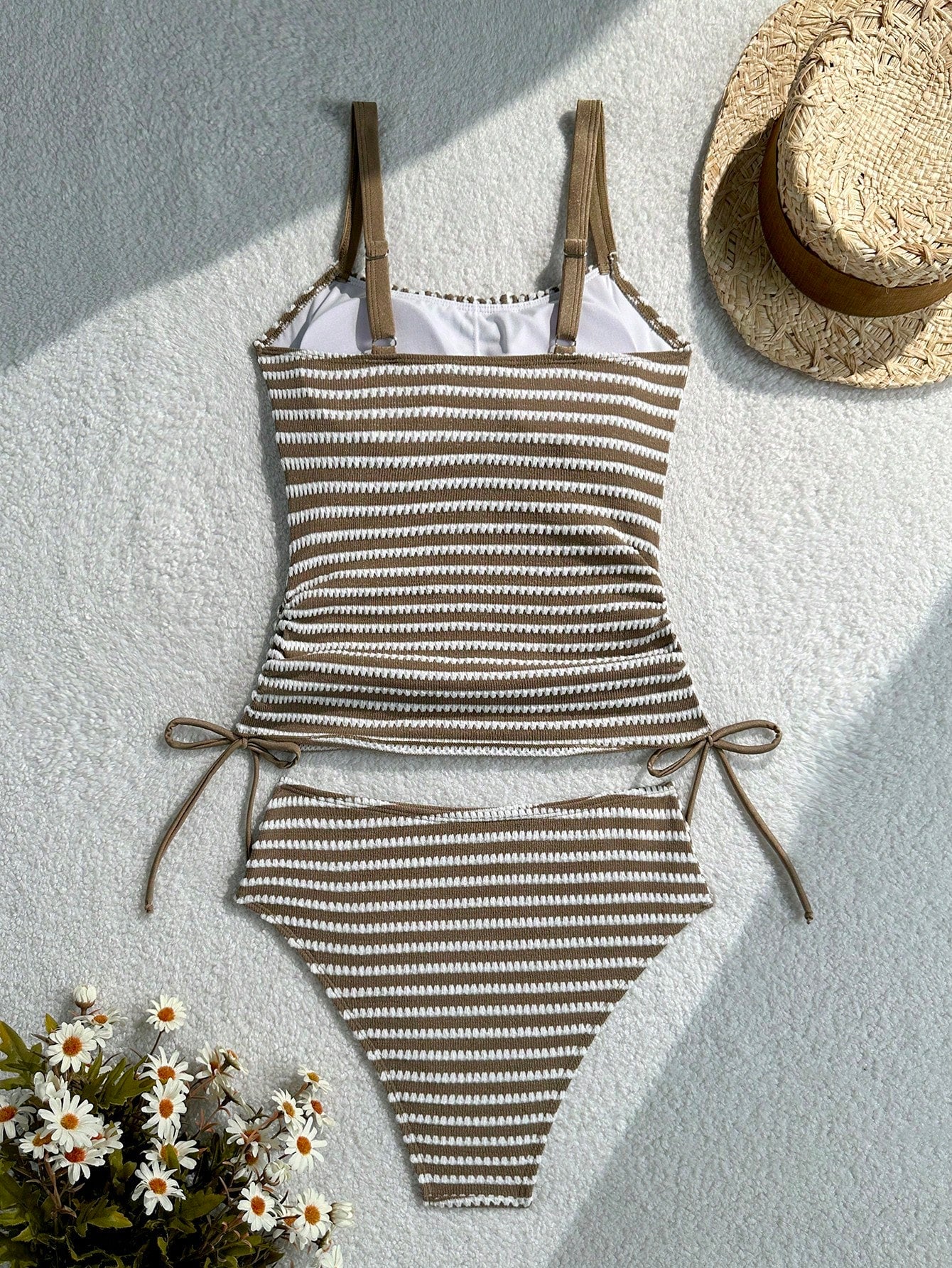 Swim Lushoire Mature Sexy Pinstripe Special Fabric Long Pants Swimsuit Top And High Waist Triangle Bikini Bottom 2pcs Set