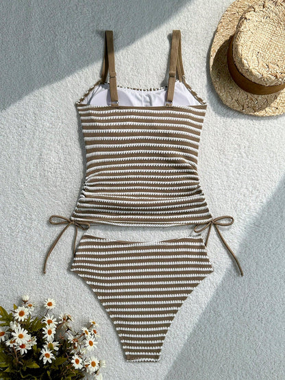 Swim Lushoire Mature Sexy Pinstripe Special Fabric Long Pants Swimsuit Top And High Waist Triangle Bikini Bottom 2pcs Set