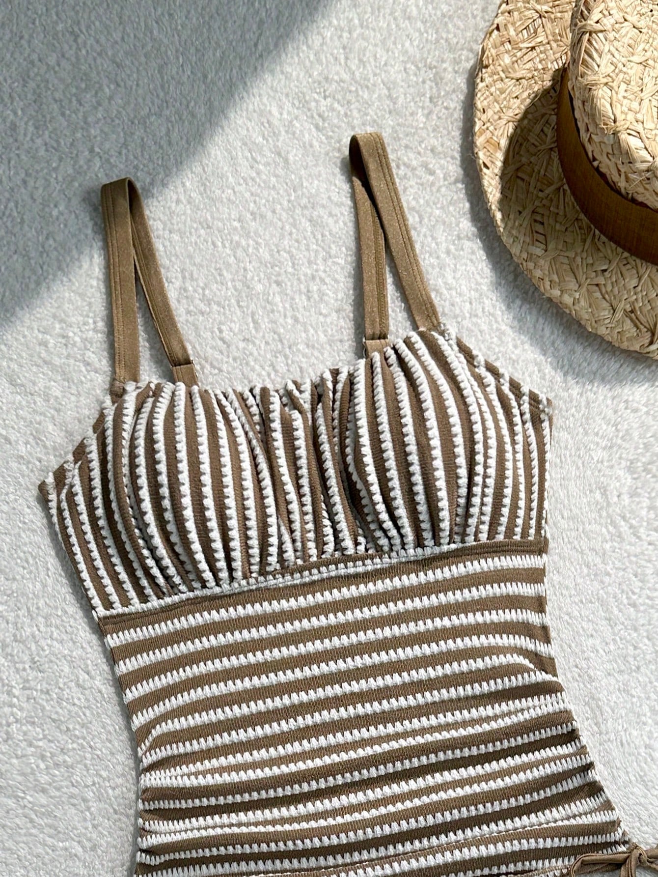 Swim Lushoire Mature Sexy Pinstripe Special Fabric Long Pants Swimsuit Top And High Waist Triangle Bikini Bottom 2pcs Set