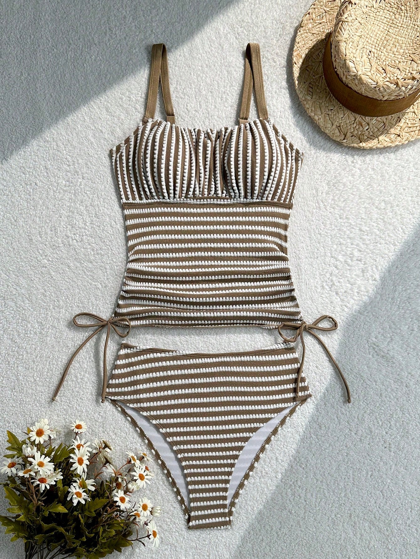 Swim Lushoire Mature Sexy Pinstripe Special Fabric Long Pants Swimsuit Top And High Waist Triangle Bikini Bottom 2pcs Set