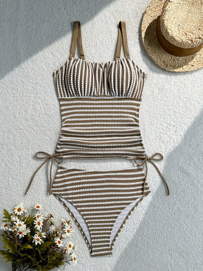 Swim Lushoire Mature Sexy Pinstripe Special Fabric Long Pants Swimsuit Top And High Waist Triangle Bikini Bottom 2pcs Set