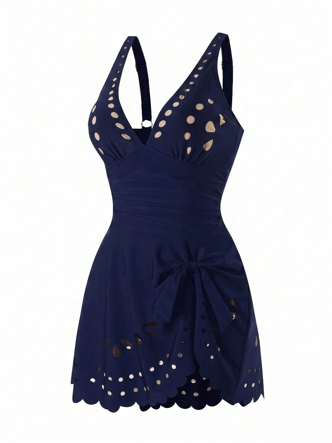 Swim Lushoire Mature Solid Color Cut-Out Hollow Dress-Style One-Piece Swimsuit