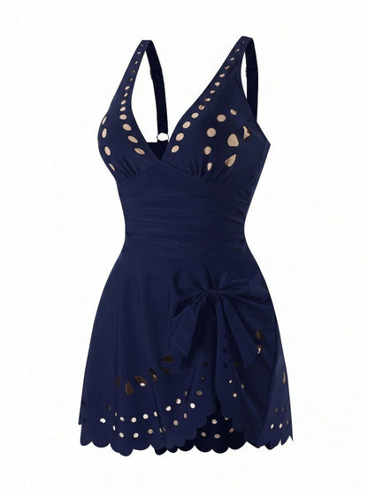 Swim Lushoire Mature Solid Color Cut-Out Hollow Dress-Style One-Piece Swimsuit