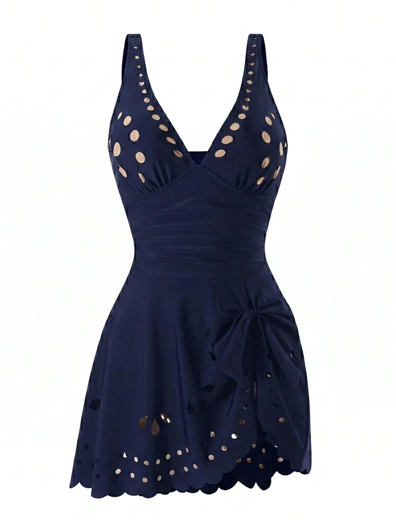 Swim Lushoire Mature Solid Color Cut-Out Hollow Dress-Style One-Piece Swimsuit