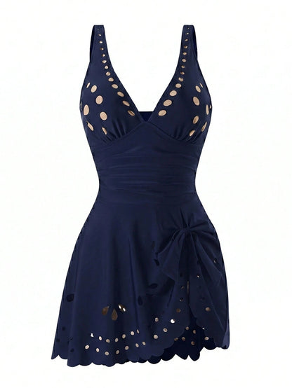 Swim Lushoire Mature Solid Color Cut-Out Hollow Dress-Style One-Piece Swimsuit
