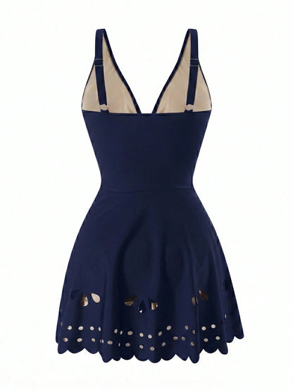 Swim Lushoire Mature Solid Color Cut-Out Hollow Dress-Style One-Piece Swimsuit