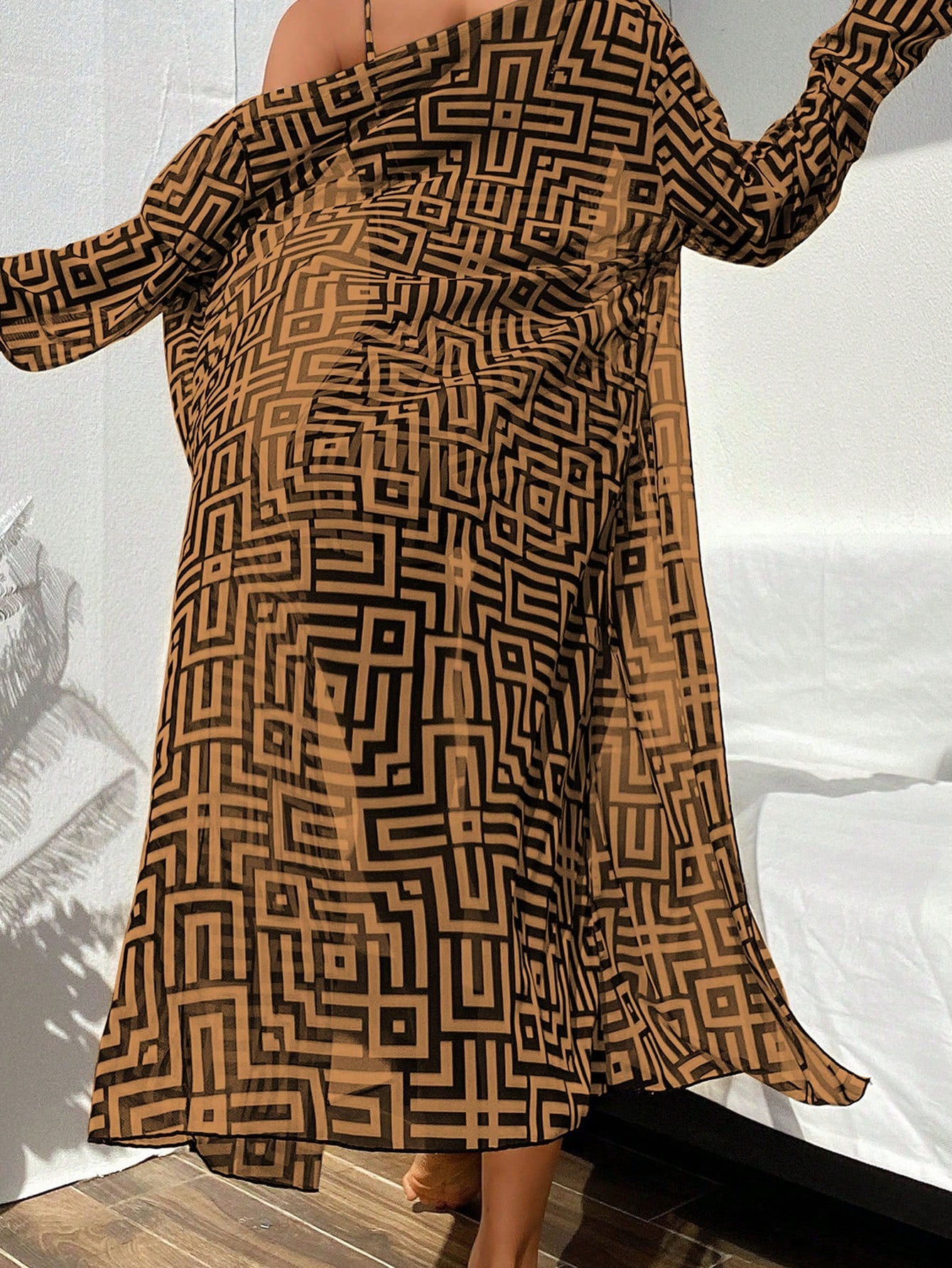 Swim Lushoire New Summer 3-Piece Beachwear Set Featuring A High-Waisted Bikini And A Sheer Long Cover-Up; Showcases A Maze-Pattern Print.Vacation Outfits Women.