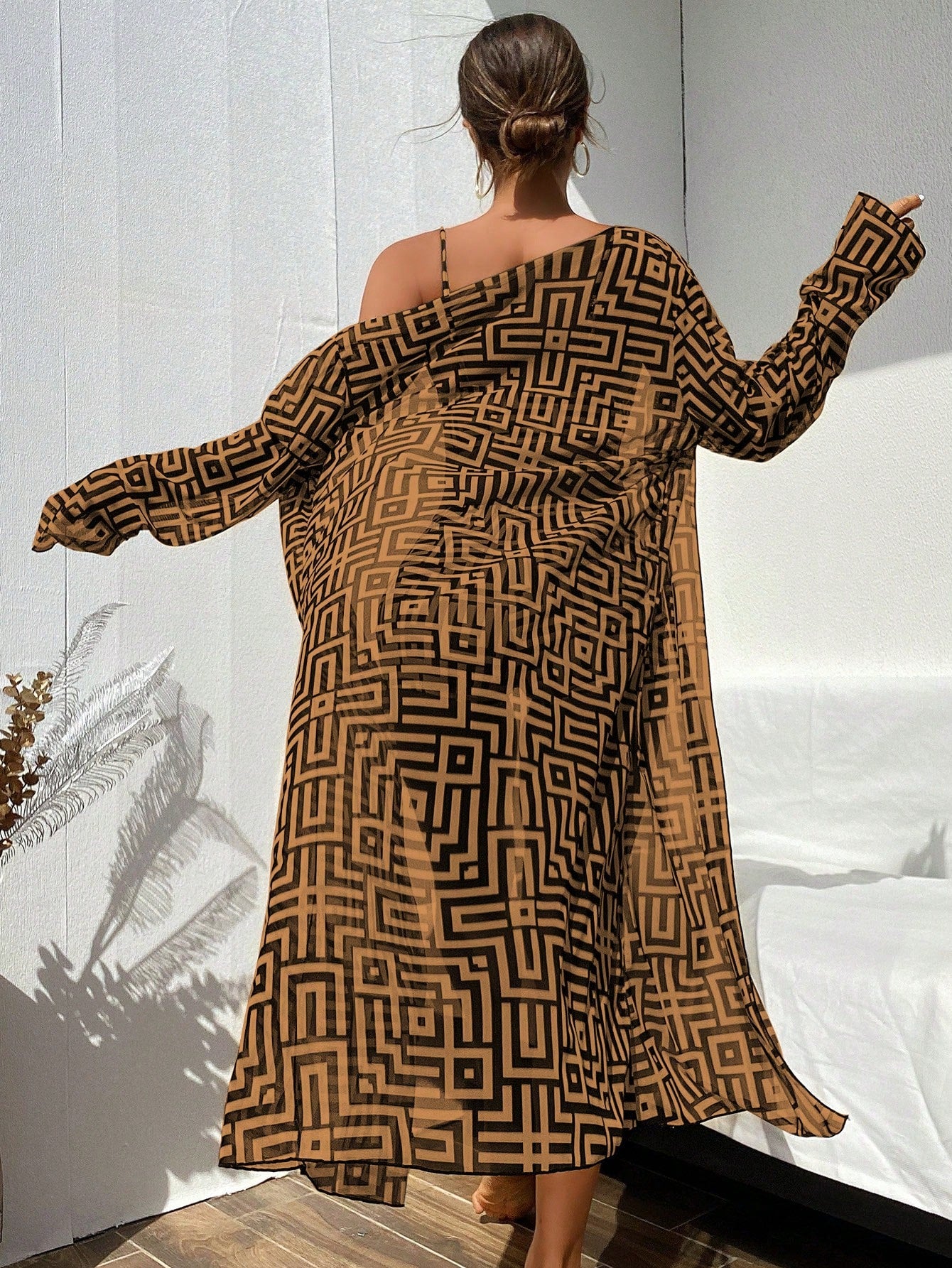 Swim Lushoire New Summer 3-Piece Beachwear Set Featuring A High-Waisted Bikini And A Sheer Long Cover-Up; Showcases A Maze-Pattern Print.Vacation Outfits Women.